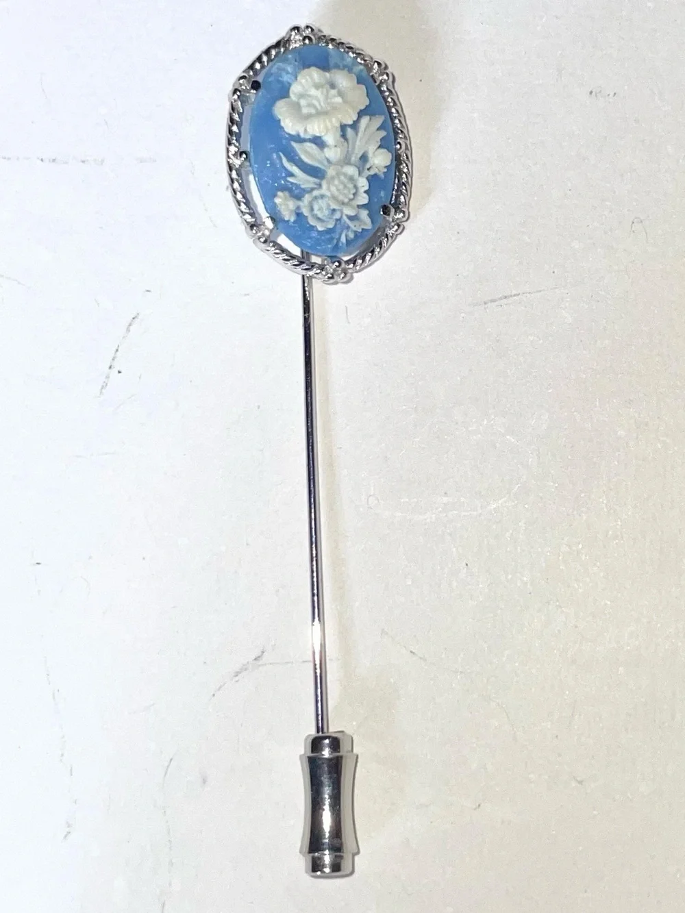 Rare Vintage Floral Wedgwood Jasperware Blue Flower Cameo Silver Stickpin Brooch
